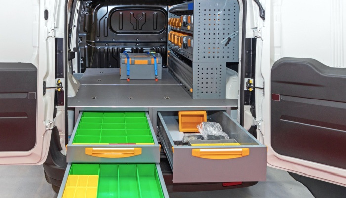 Parts and Tools in Drawers Equipment of Whiite Mobile Work Van
